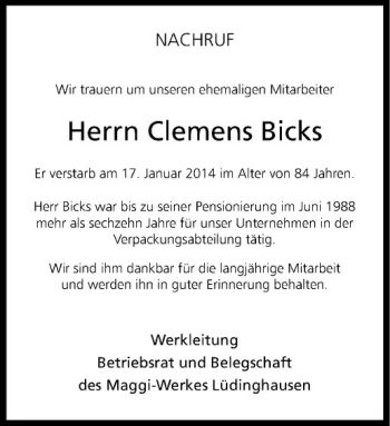 Todesanzeige von Clemens Bicks von Westfälische Nachrichten