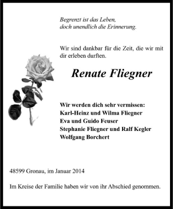Todesanzeige von Renate Fliegner von Westfälische Nachrichten