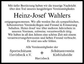 Todesanzeige von Heinz-Josef Wahlers von Westfälische Nachrichten