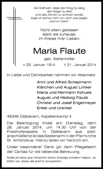 Todesanzeige von Maria Flaute von Westfälische Nachrichten