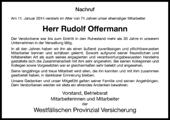 Todesanzeige von Rudolf Offermann von Westfälische Nachrichten
