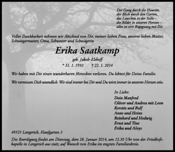 Todesanzeige von Erika Saatkamp von Westfälische Nachrichten