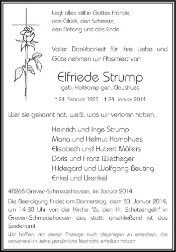 Todesanzeige von Elfriede Strump von Westfälische Nachrichten