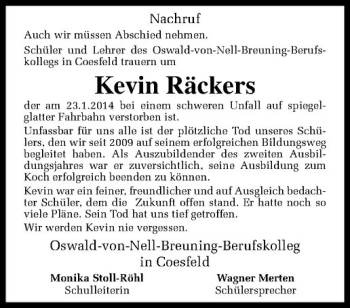 Todesanzeige von Kevin Räckers von Westfälische Nachrichten