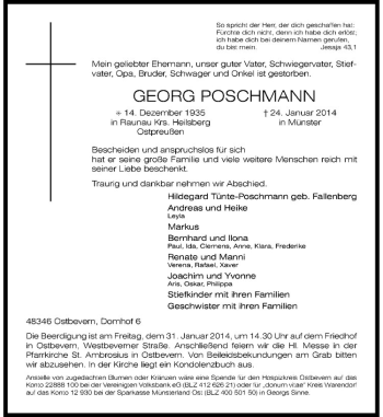 Todesanzeige von Georg Poschmann von Westfälische Nachrichten
