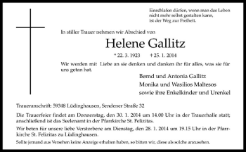 Todesanzeige von Helene Gallitz von Westfälische Nachrichten