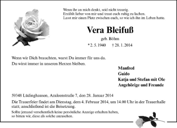 Todesanzeige von Vera Bleifuß von Westfälische Nachrichten