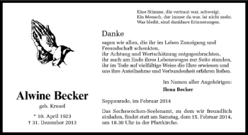 Todesanzeige von Alwine Becker von Westfälische Nachrichten