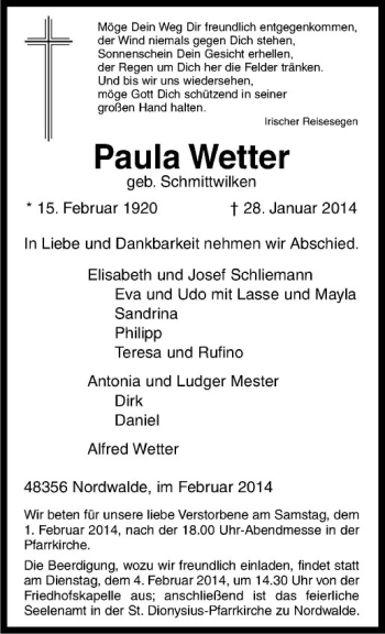 Todesanzeige von Paula Wetter von Westfälische Nachrichten
