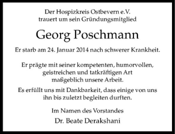Todesanzeige von Georg Poschmann von Westfälische Nachrichten