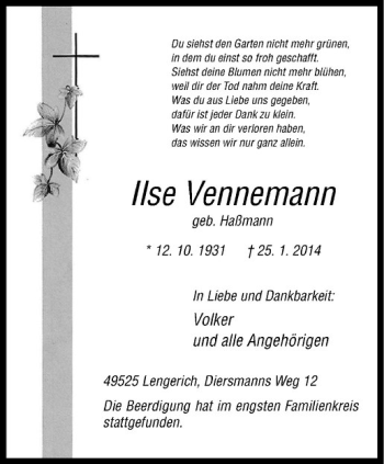 Todesanzeige von Illse Vennemann von Westfälische Nachrichten