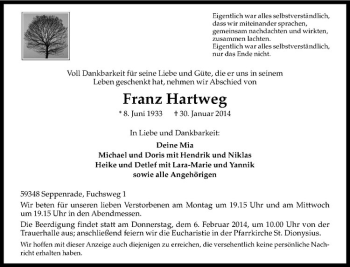 Todesanzeige von Franz Hartweg von Westfälische Nachrichten