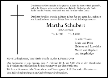 Todesanzeige von Martha Schubert von Westfälische Nachrichten