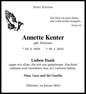 Todesanzeige von Annette Kenter von Westfälische Nachrichten