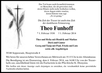 Todesanzeige von Theo Funhoff von Westfälische Nachrichten