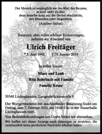 Todesanzeige von Ulrich Freitäger von Westfälische Nachrichten
