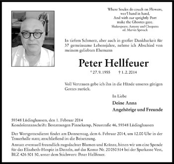 Todesanzeige von Peter Hellfeuer von Westfälische Nachrichten