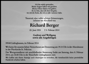 Todesanzeige von Richard Berger von Westfälische Nachrichten