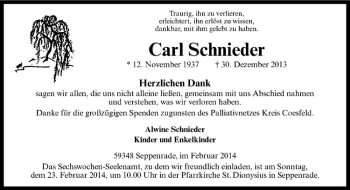 Todesanzeige von Carl Schnieder von Westfälische Nachrichten