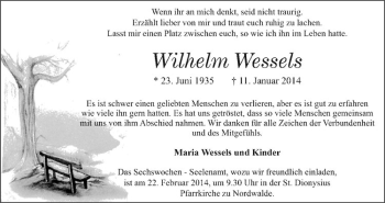 Todesanzeige von Wilhelm Wessels von Westfälische Nachrichten