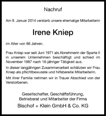 Todesanzeige von Irene Kniep von Westfälische Nachrichten