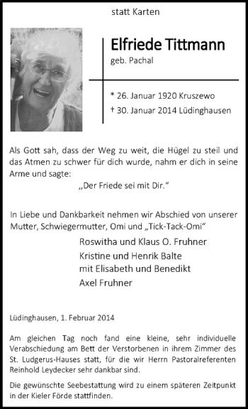 Todesanzeige von Elfriede Tittmann von Westfälische Nachrichten