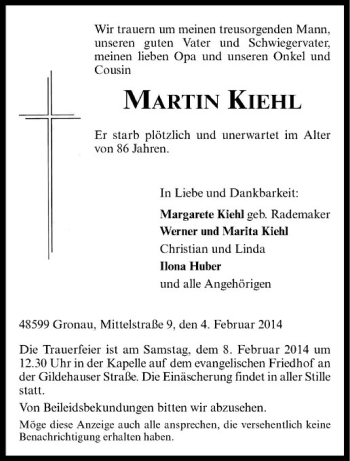 Todesanzeige von Martin Kiehl von Westfälische Nachrichten