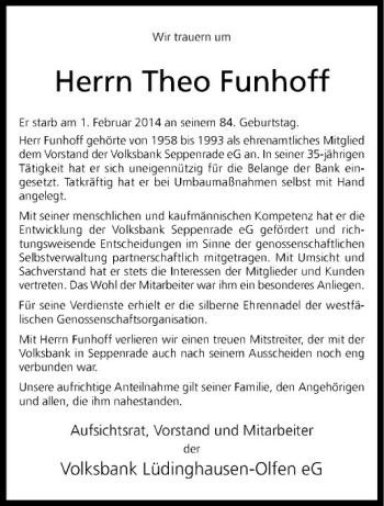 Todesanzeige von Theo Funhoff von Westfälische Nachrichten