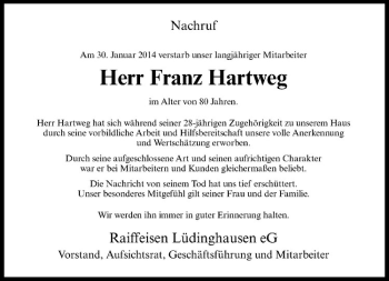 Todesanzeige von Franz Hartweg von Westfälische Nachrichten