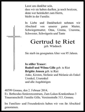 Todesanzeige von Gertrud te Riet von Westfälische Nachrichten