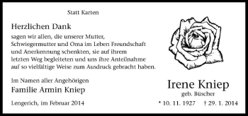 Todesanzeige von Irene Kniep von Westfälische Nachrichten