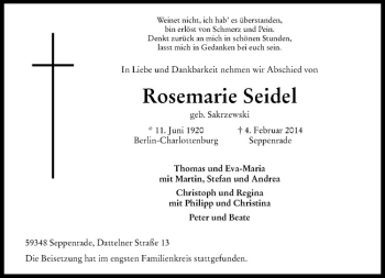 Todesanzeige von Rosemarie Seidel von Westfälische Nachrichten