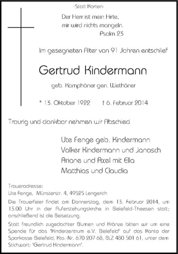 Todesanzeige von Gertrud Kindermann von Westfälische Nachrichten