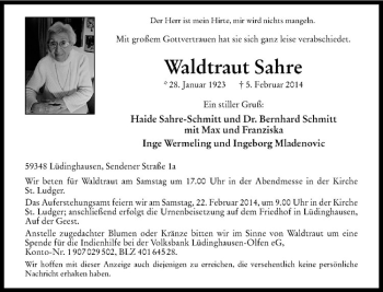 Todesanzeige von Waldtraut Sahre von Westfälische Nachrichten