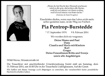 Todesanzeige von Pia Pentrop-Burstedde von Westfälische Nachrichten
