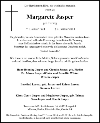 Todesanzeige von Margarete Jasper von Westfälische Nachrichten
