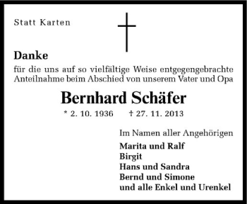Todesanzeige von Bernhard Schäfer von Westfälische Nachrichten