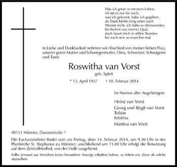 Todesanzeige von Roswitha van Vorst von Westfälische Nachrichten