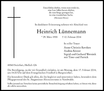 Todesanzeige von Heinrich Lünnemann von Westfälische Nachrichten