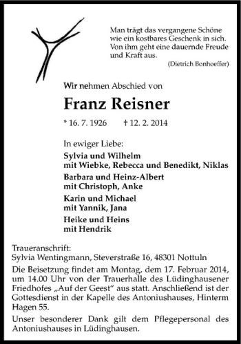 Todesanzeige von Franz Reisner von Westfälische Nachrichten