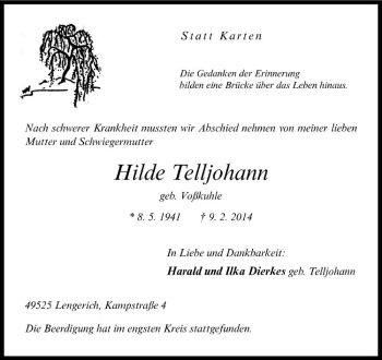 Todesanzeige von Hilde Telljohann von Westfälische Nachrichten