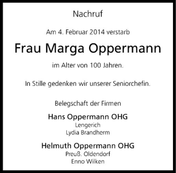 Todesanzeige von Marga Oppermann von Westfälische Nachrichten