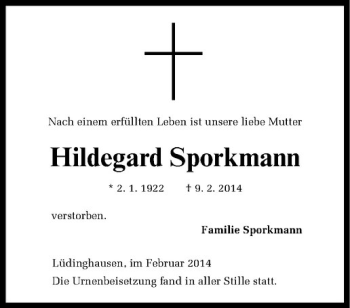 Todesanzeige von Hildegard Sporkmann von Westfälische Nachrichten