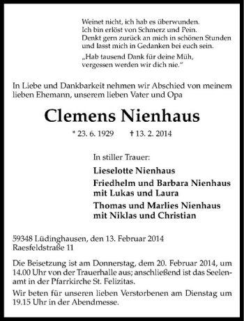 Todesanzeige von Clemens Nienhaus von Westfälische Nachrichten