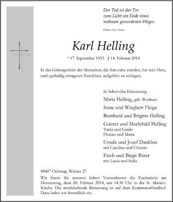 Todesanzeige von Karl Helling von Westfälische Nachrichten