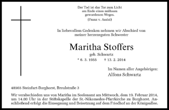 Todesanzeige von Maritha Stoffers von Westfälische Nachrichten