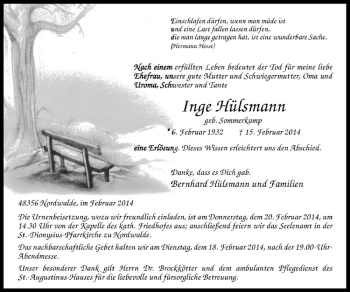 Todesanzeige von Inge Hülsmann von Westfälische Nachrichten