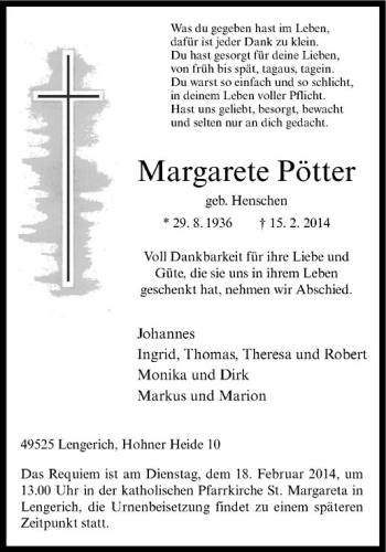 Todesanzeige von Margarete Pötter von Westfälische Nachrichten