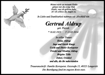 Todesanzeige von Gertrud Aldrup von Westfälische Nachrichten