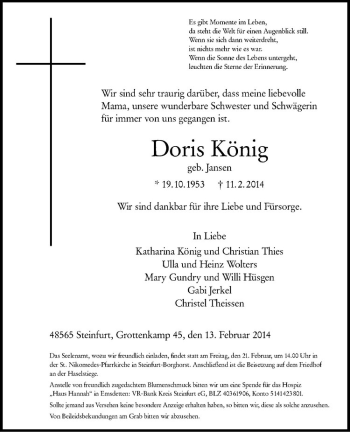 Todesanzeige von Doris König von Westfälische Nachrichten